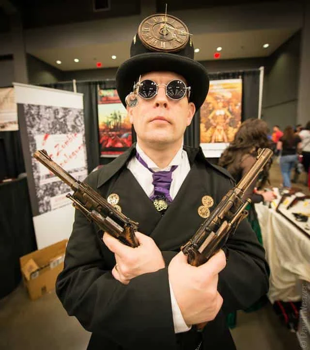 Steven Metze in full steampunk costume at a gaming convention